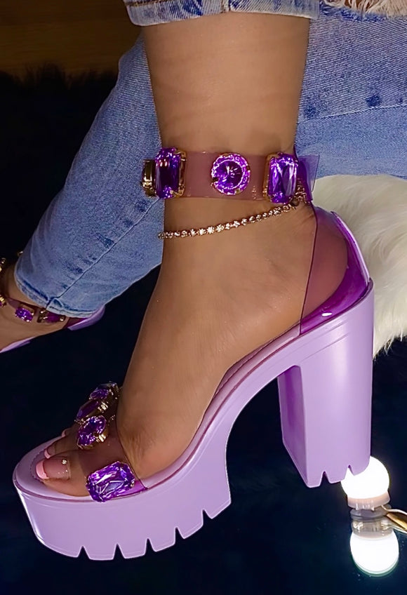 Shiny Crystal Satin Square Toe Chunky Platform Pumps - Purple – Trendy &  Unique